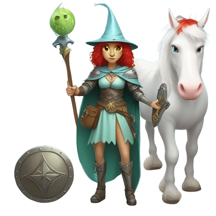 medieval shield: [politically incorrect, (
	{ female, alien, witch, color: light green, hair:red, eyes:cat} ]
	on a 
	[{ unicorn: white, legged:four, mane: light blue }]) emoji