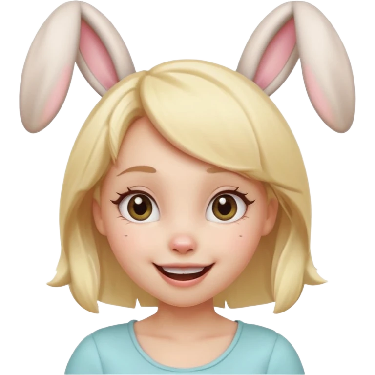 A playful blonde female cartoon character with wide, mischievous eyes, smiling, bunny ears accessory, dynamic pose suggesting movement, pastel colors, minimalistic and cute emoji style. emoji