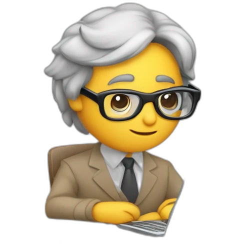 Periodista escribiendo en la computadora con lentes grabadora cámara lápiz y cuaderno, moreno y de pelo rizado emoji