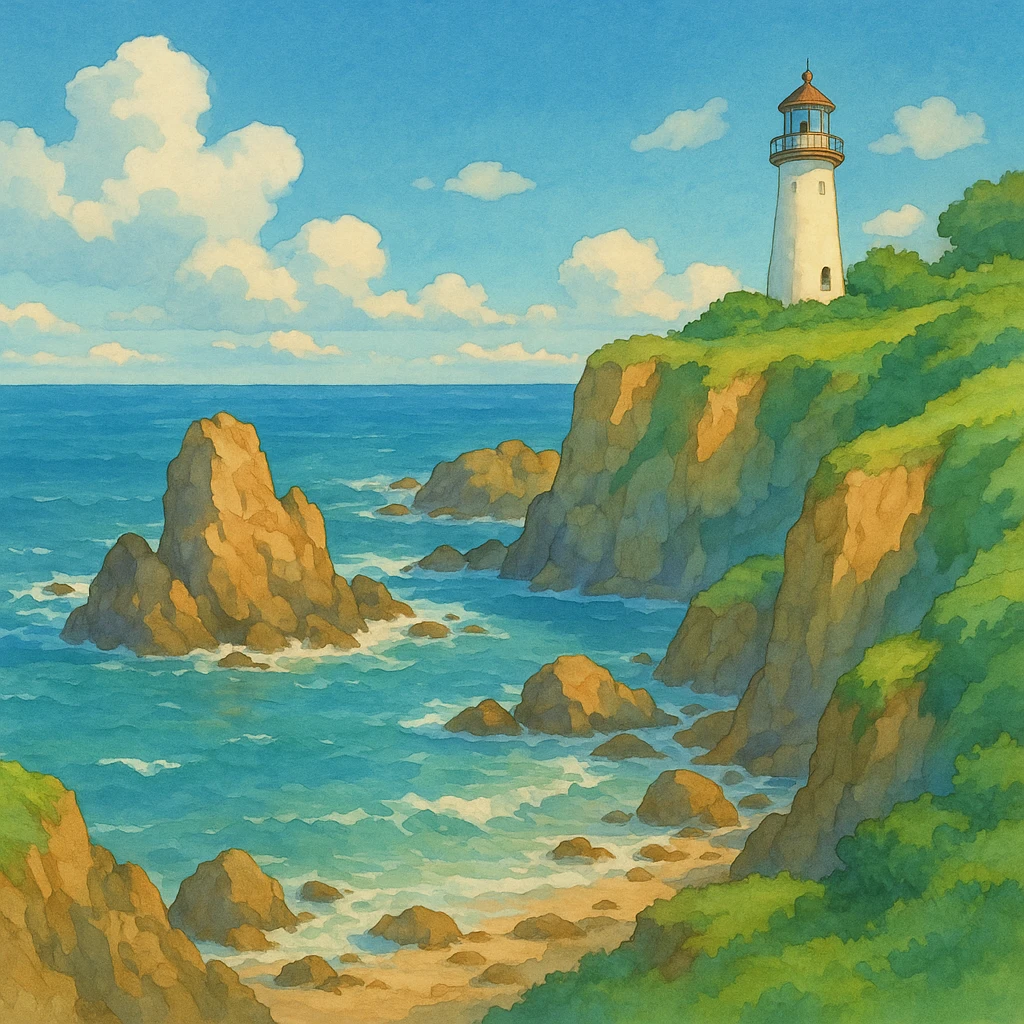 ghibli style coast with rocky cliffs and a lighthouse emoji
