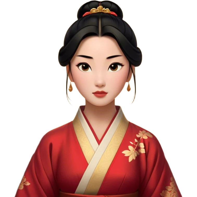 Cinematic Realistic Noble Mulan Portrait, depicted with lifelike, warm light-toned skin that reveals subtle texture and natural shadows. Her sleek black hair is intricately styled into a traditional bun with every strand rendered in exquisite detail, and her almond-shaped eyes, full of quiet resolve, are softly illuminated. She wears a meticulously detailed traditional robe with delicate red and gold accents, its rich fabric textures and gentle folds catching the light beautifully. The portrait radiates a natural, enchanting glow, capturing Mulan’s inner strength and timeless grace in a realistically painterly style. emoji