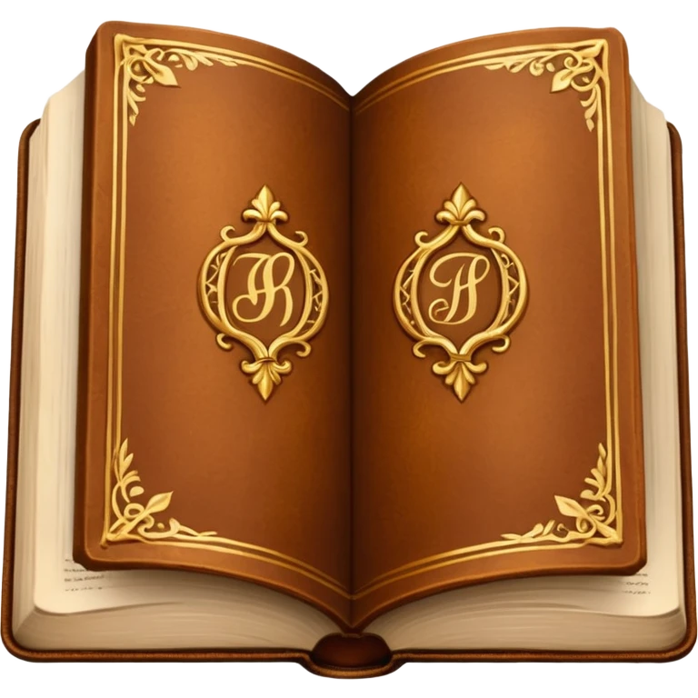 "An open antique leather-bound book with golden edges and calligraphy, detailed embossing, Victorian style, warm brown and gold palette." emoji