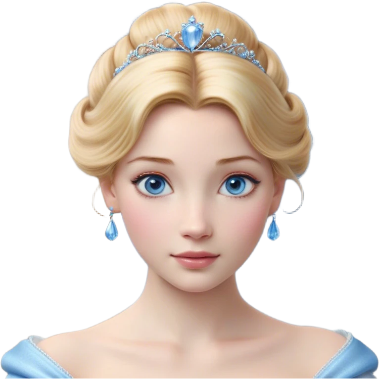 Cinematic Realistic Cinderella Portrait, depicted with lifelike skin texture, subtle rosy undertones, and soft natural lighting that enhances the gentle contours of her face. Her intricately detailed golden blonde hair is elegantly styled in an updo, with delicate wisps framing her face for added realism. Her deep, expressive blue eyes radiate warmth and sincerity, reflecting a quiet resilience and grace. She is dressed in her iconic ball gown, the fabric shimmering with intricate embroidery and fine translucent layers that catch the light beautifully. The soft sheen of satin gloves and the delicate sparkle of a glass-like slipper peeking from beneath her dress add a touch of magical realism. The portrait features an enchanting glow with a natural, luminous finish, seamlessly blending realism and fairytale charm to evoke a sense of depth, elegance, and timeless beauty. emoji