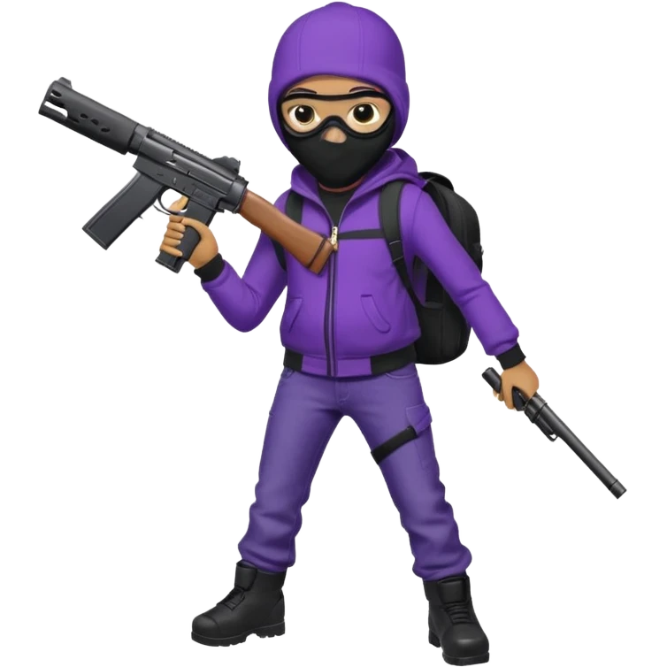 YN wearing a ski mask, holding a gun, purple jeans, Sprayground bookbag, confident stance emoji