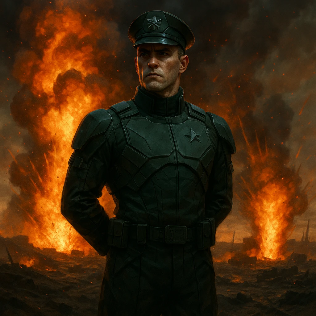 A man in futuristic dark green military uniform, hands behind his back, facing forward. Explosions and fire in the background, warzone setting. emoji