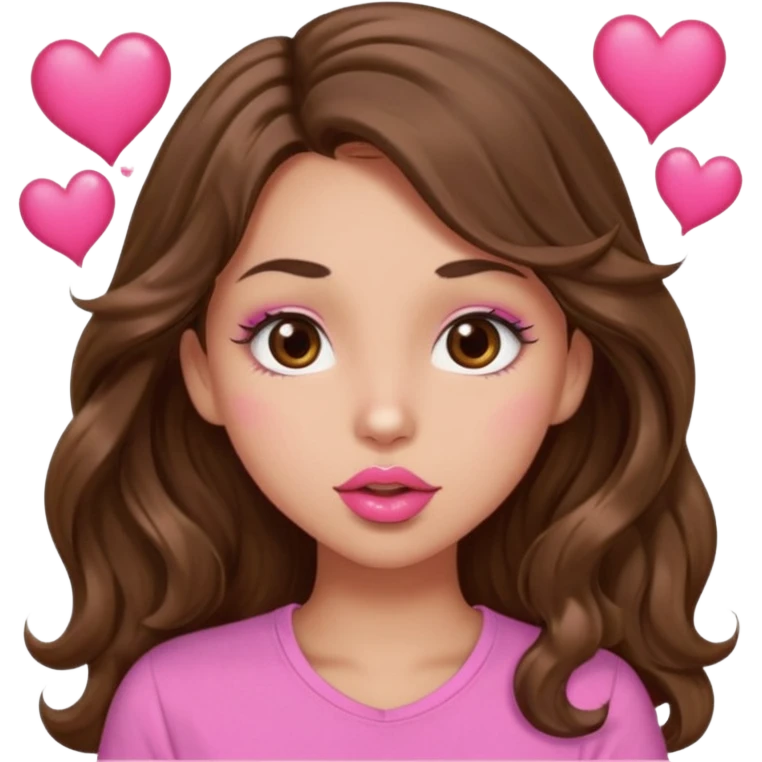 girl with long wavy brown hair, brown eyes, light to medium complexion, in a pink shirt, pink lips, long lashes, puckering up for a kiss, kiss lips and hearts emoji