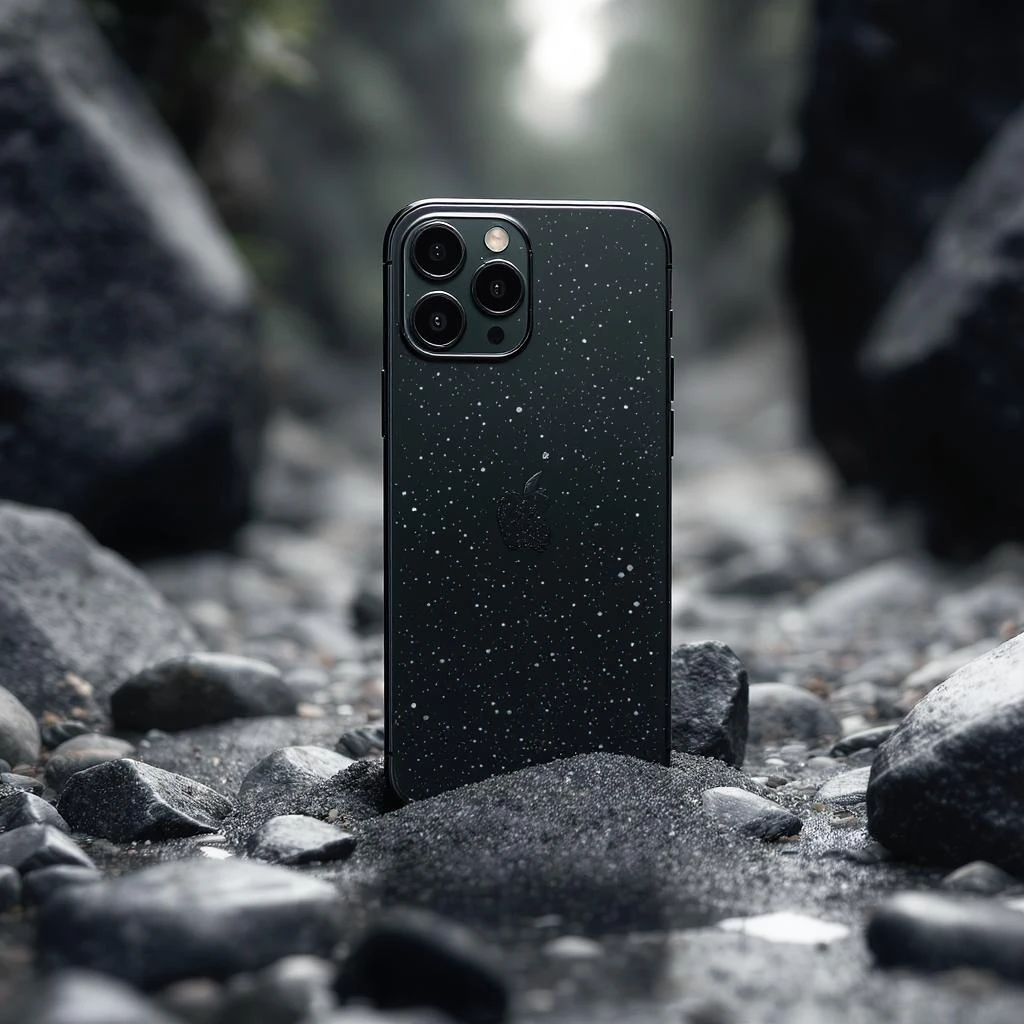 Iphone 16pro around black stones, cinematic shot emoji
