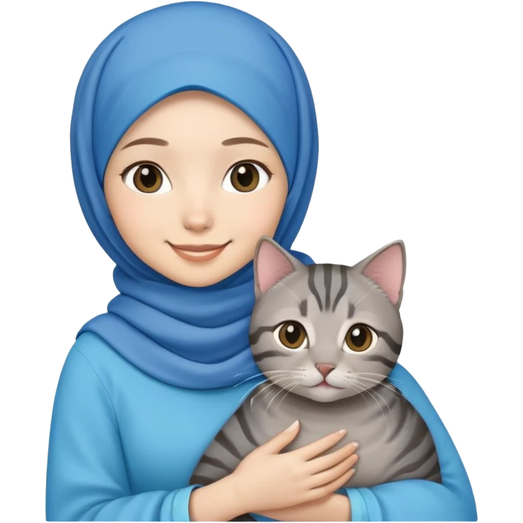 Asian white girl wearing blue hijab holding a black grey tabby cat with smiling emoji