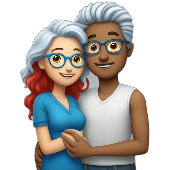 a boy with silver hair and a curvy girl with red hair and blue glasses hugging emoji