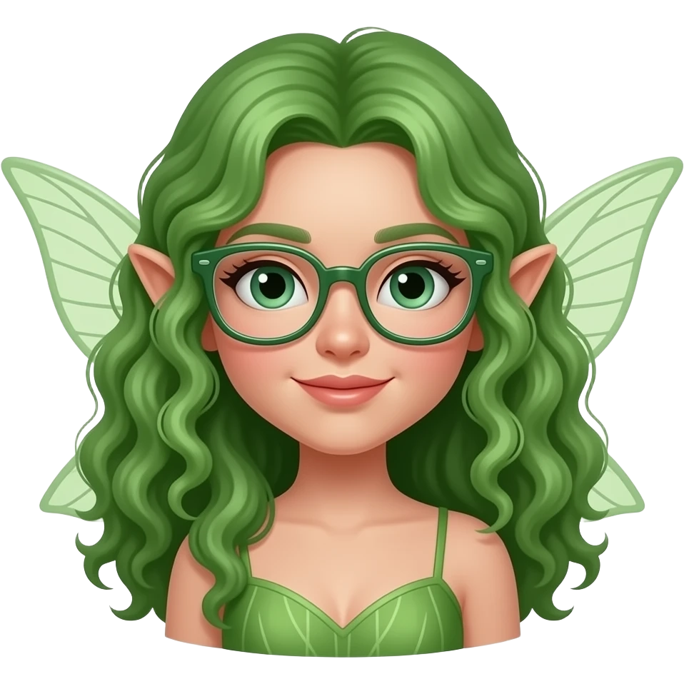 fairy face with green very curly long hair and fairy wings sticking out, glassess, not realistic emoji