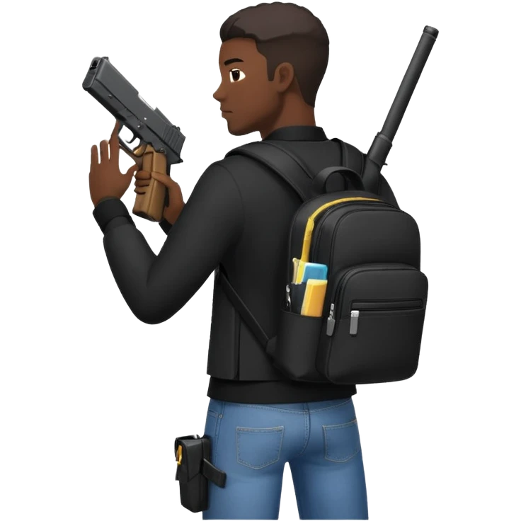 YN character in an all black outfit, designer bookbag on his back, holding a Glock with extended mag, wearing designer jeans emoji