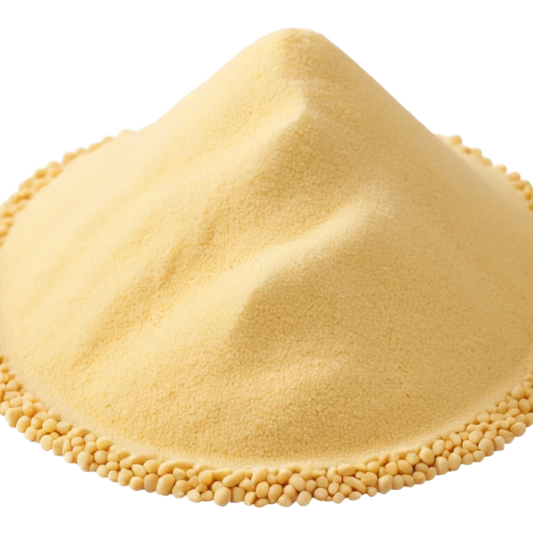 small mound of dry semolina, pale yellow to warm ivory color, fine sandy texture, dry matte surface, a few scattered granules around the base, slightly coarse or extra-fine, soft-looking and natural, clean minimal 3D-rendered style, no faces or container, transparent background, emoji scale emoji
