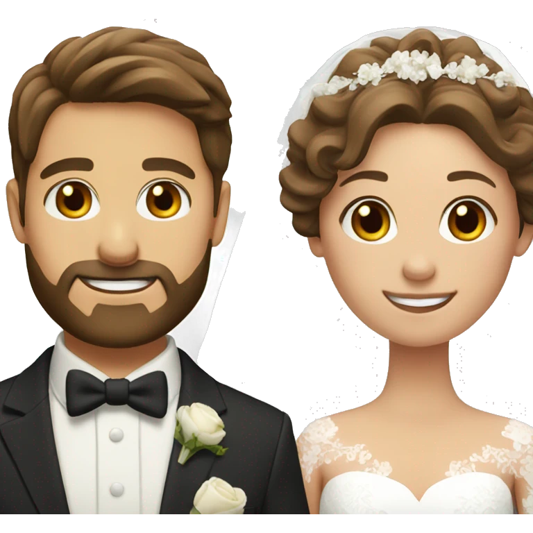 Groom with brown hair and beard and bride with brown hair close up emoji