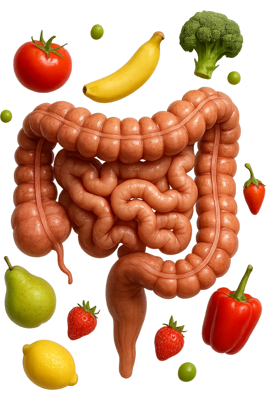 frutta e verdura fluttua intorno ad un intestino umano anatomico realistico, iperrealistico 4k emoji