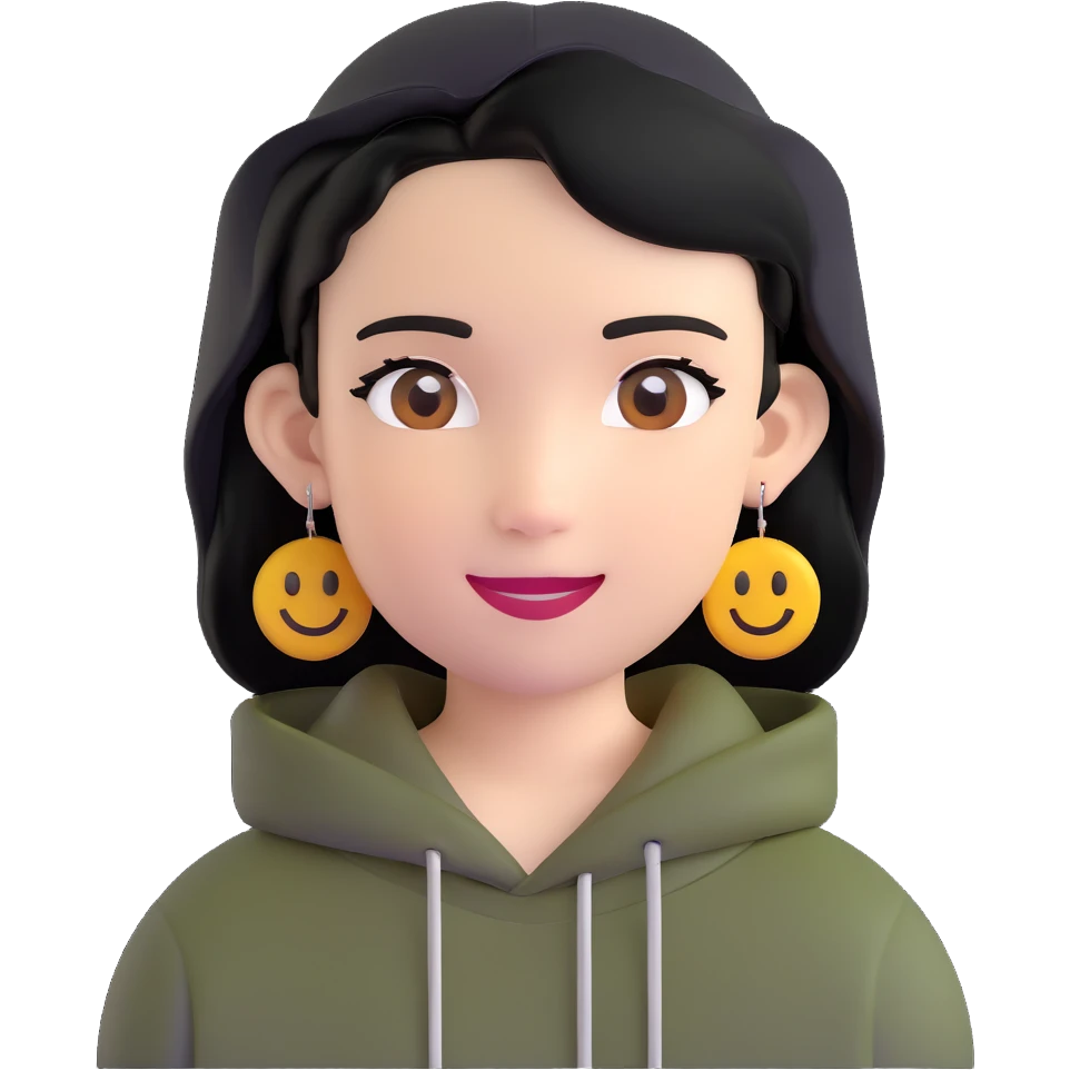 person with military cut black hair, brown eyes, wearing 2 circle earrings and a black hoodie with a smiley face emoji