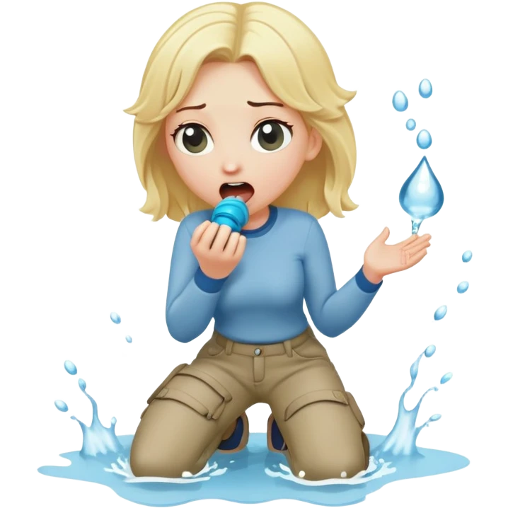 blond woman kneeling, shocked, playful cartoon stick with D-shaped knob and exaggerated features coming from trousers in front of her face, water jet into her mouth emoji