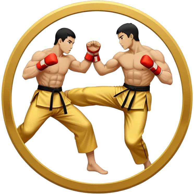 Round emblem symbolizing striking martial arts. The emblem features two fighters in dynamic stances, one delivering a powerful punch while the other defends with a block. In the center, a stylized fist and foot crossed to represent the essence of striking.  emoji