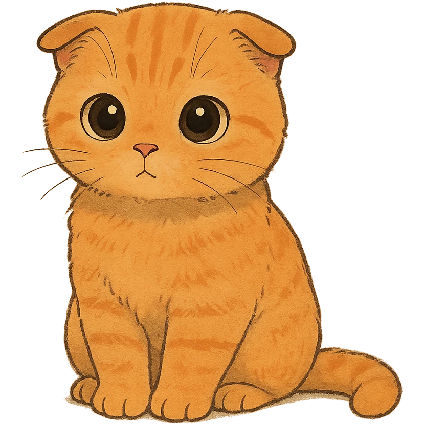 orange scottish fold kitten sitting, dark round innocent eyes emoji