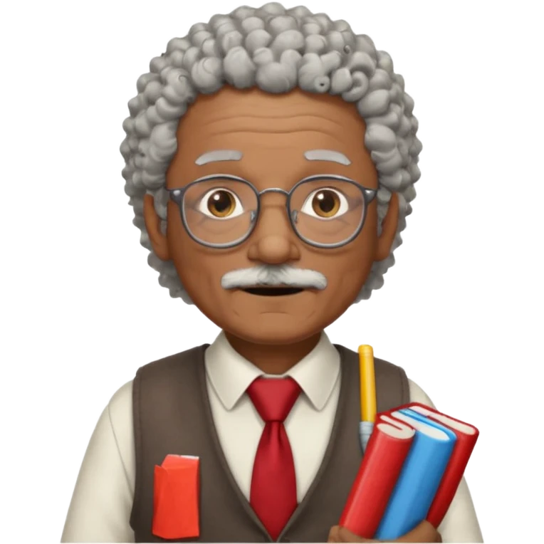 old man teacher, brown skin, curly grey white hai, wearing glasses, brown vest, red tie hold chalk on hand emoji