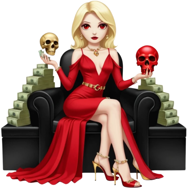 Lilith symbol red eye seductress evil shoulder length blonde haired sexy succubus woman with Gucci  long dress with slit, sitting on of gold and diamonds. Black Platform high heels on feet. seat full of stacks of cash,  dead human skull of her enemies in her other hand emoji