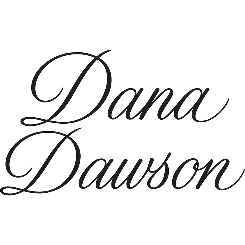 elegant script wordmark of 'Dana Dawson', flowing cursive, minimal, black and white emoji