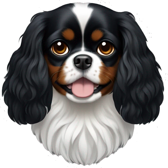 Small completely black king charles spaniel with black fur on his whole face and white fur on chest emoji