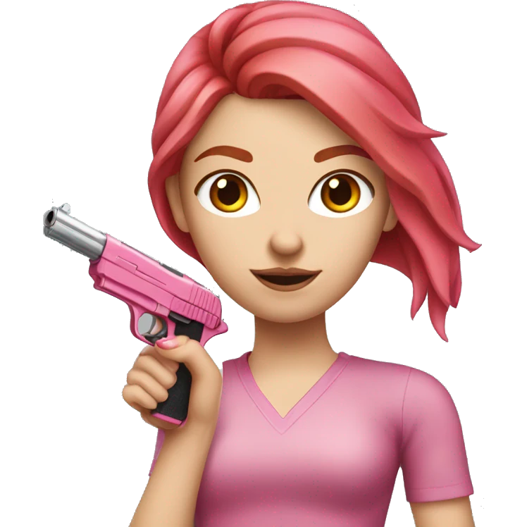 White Girl with red hair and hand pink nails holding pink gun emoji