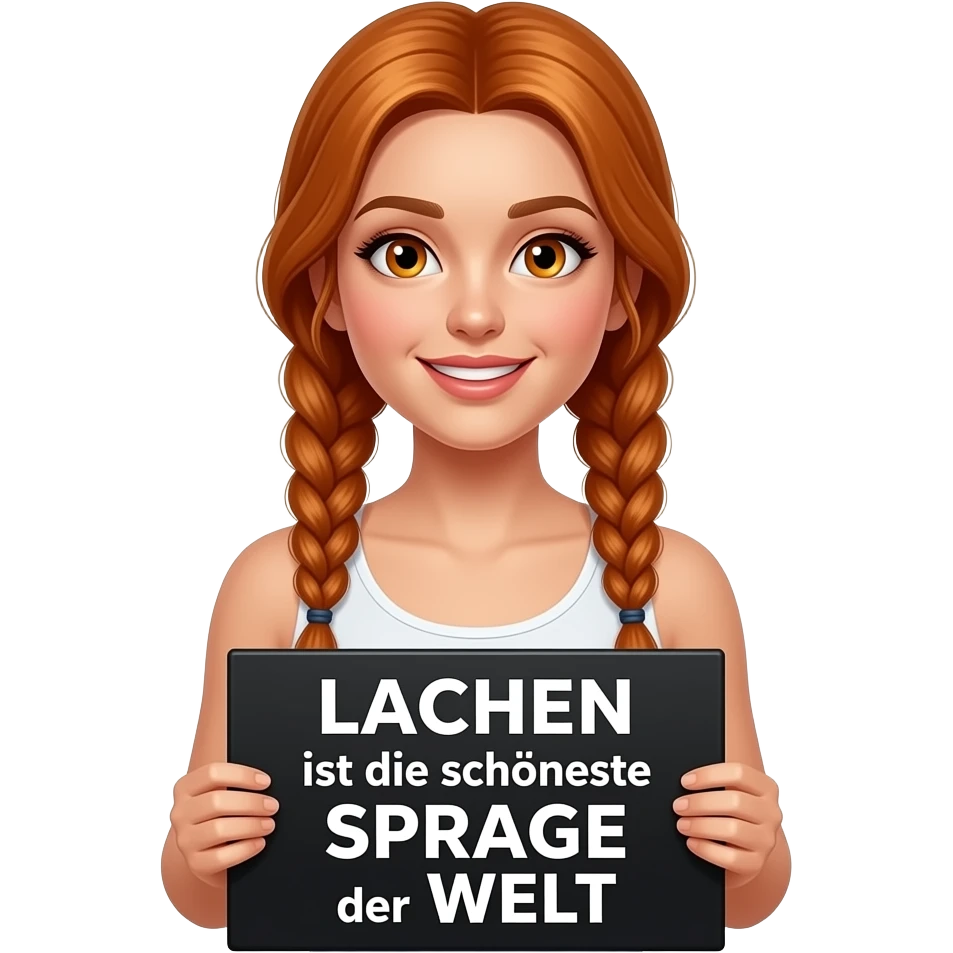 sexy girl with long ginger braids and ginger eyes wearing a white tanktop is holding a black sign with LACHEN ist die schönste SPRACHE der WELT written on it emoji