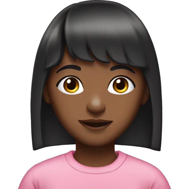 a young girl with dark brown skin, with straight black hair and bangs, wearing a pink sweatshirt. emoji