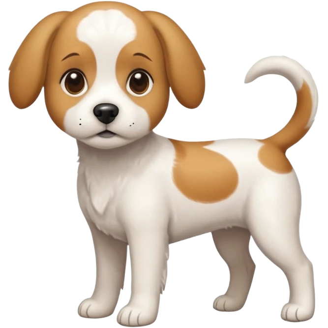 a full body white beagle x maltese x chi dog the size of a kelpie with light brown ears and a light brown patch on one eye emoji