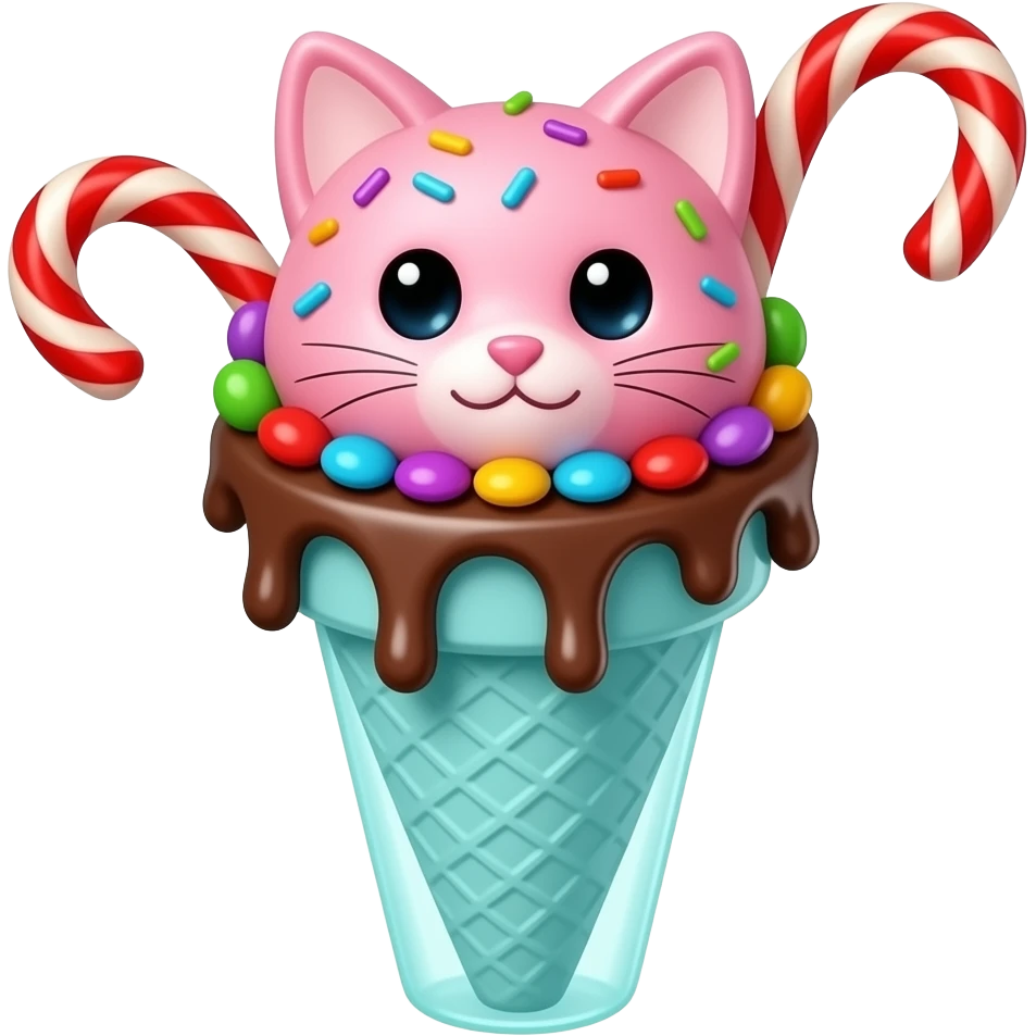 Pink cat shaped ice cream scoop with sprinkles and  red licorice  and candies with chocolate sauce in a cyan ice cream cone emoji