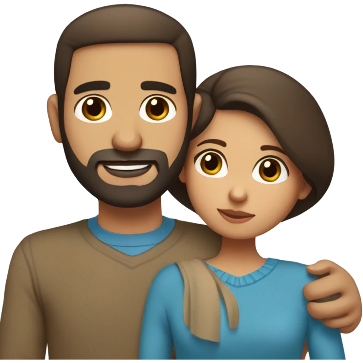 Comforting hug from brunette Puerto Rican with dark brown eyes wearing a cute blue top to short, bald man with brown eyes and a beard wearing a sweater emoji