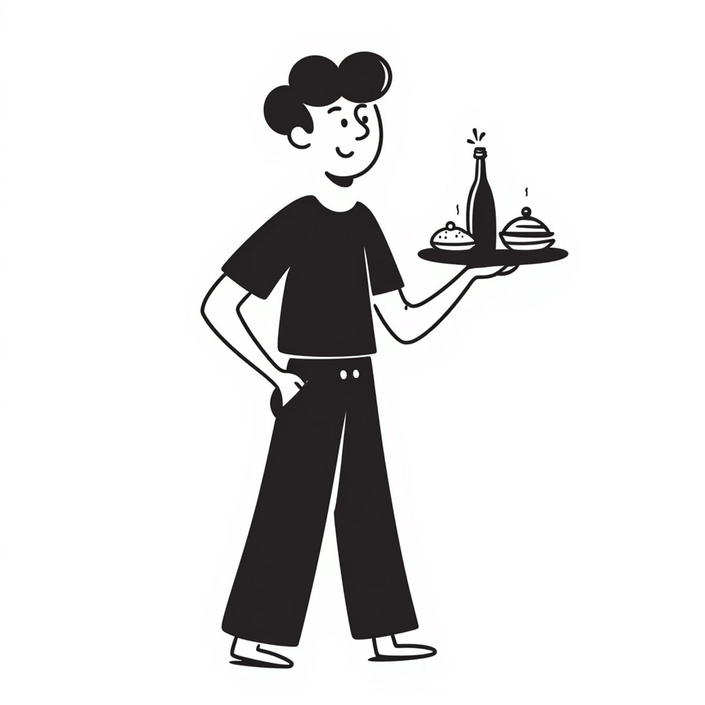 A guy waiter in a black T-shirt with a tray in his hand emoji
