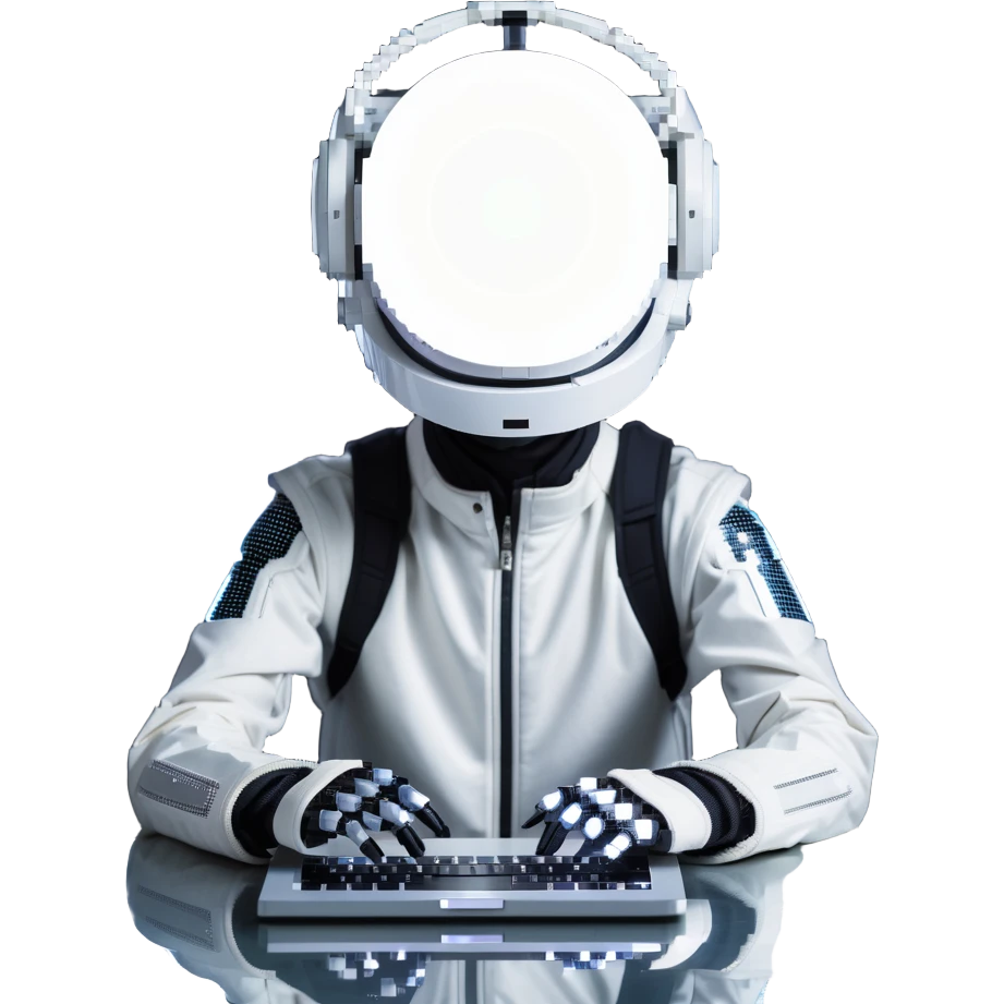 futuristic tech boy wearing a sleek robot helmet with a glowing white circle light in the center, sitting in front of an advanced high-tech laptop, neon-lit cyberpunk room with holographic displays and gadgets, focused posture, soft reflections on helmet, mysterious atmosphere emoji