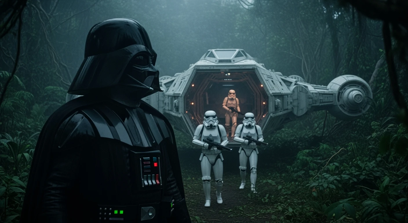 cinematic still, Closeup shot, amazon jungle, Darth Vader around stormtroopers coming out from starship on ground, they are exploring the jungle, inspired by StarWars movie, captured by arri alexa emoji