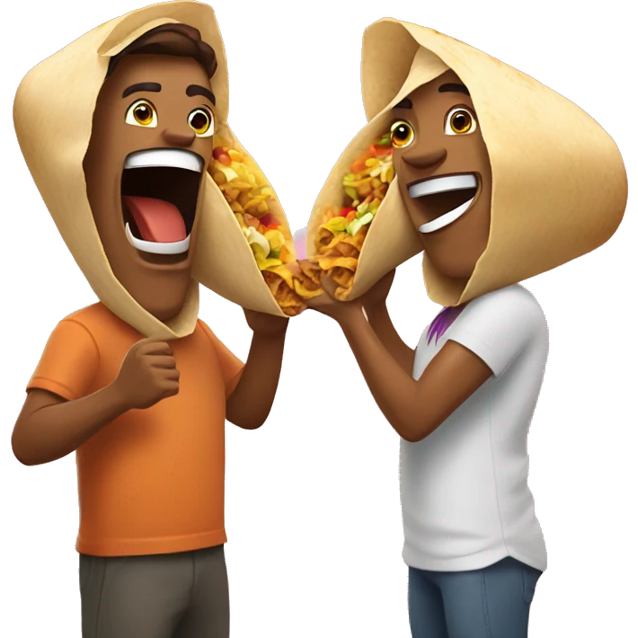 a couple extremely happy eating a huge burrito of taco bell emoji