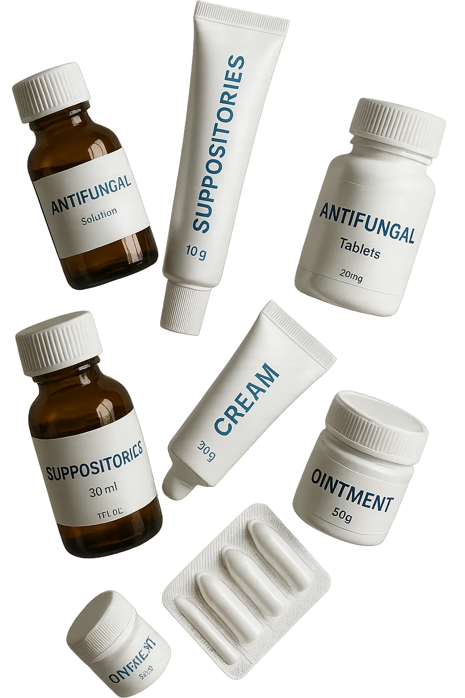boccette di farmaci fluttuano in aria: creme, ovuli o antimicotici, IPERREALISTICO 4K emoji