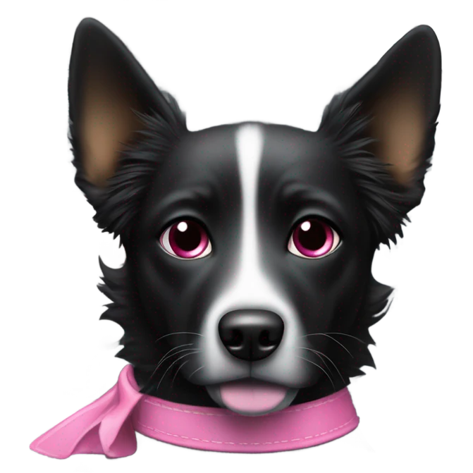 Black dog with pointy ears and pink collar driving a silver bmw emoji