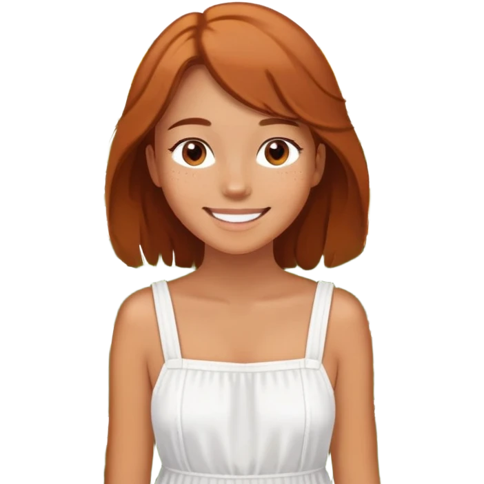  A smiling girl with freckles, wearing a white sundress, standing in a field of daisies. emoji