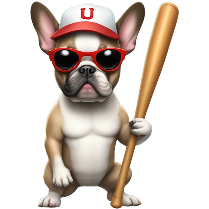 A French bulldog with a baseball bat and a baseball cap on with dark sunglasses emoji