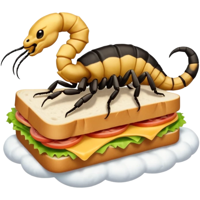 MAKE A SCORPION ON TOP OF A EHITE FLUFFY CLOUD THAT IS HOLDING A SANDWICH IN ITS CLAW AND LOOKING LIKE ITS EATING IT emoji