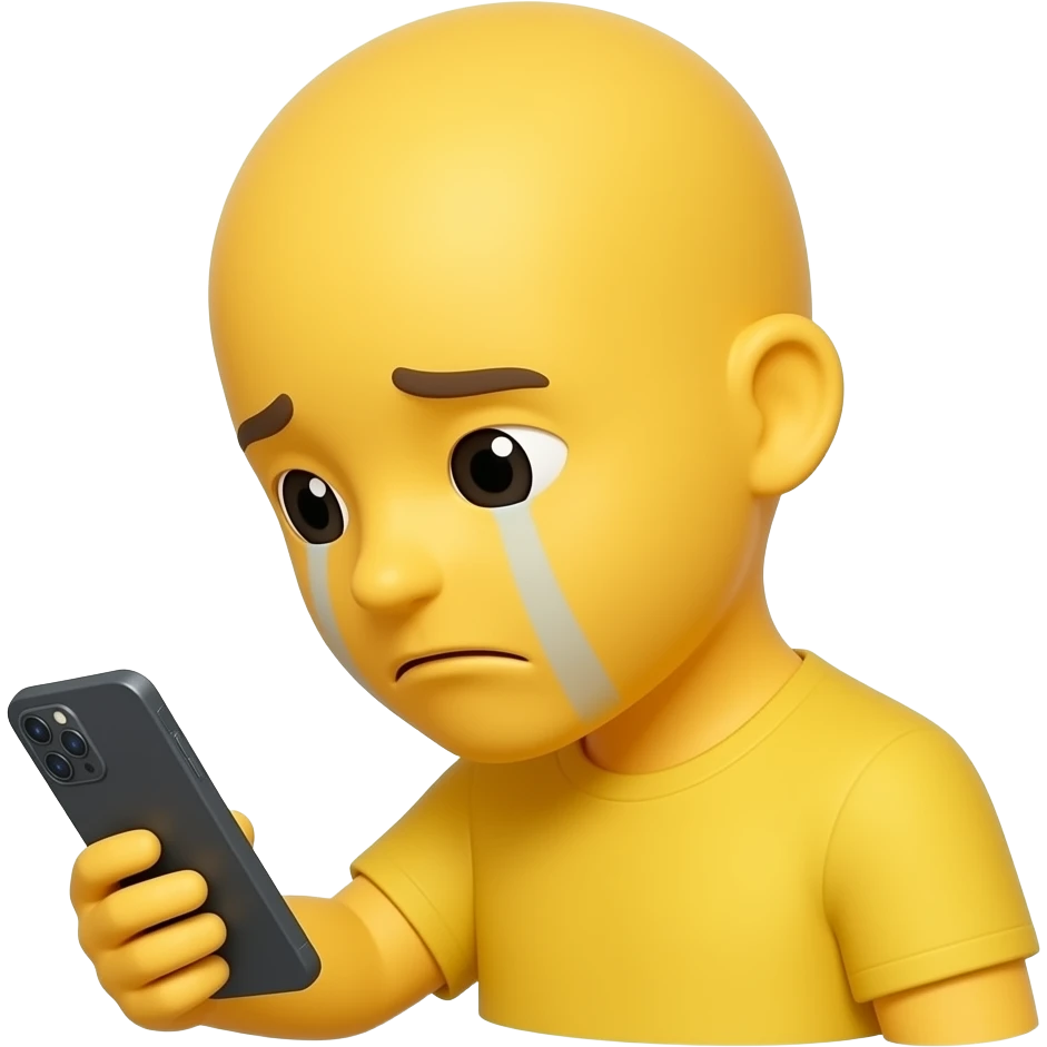 create me a yellow emoji, looking at his smartphone his head tilted down, he looks sad emoji