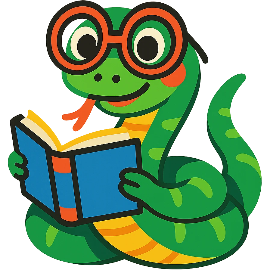 cute snake with big glasses, bookish look, playful style, colorful cartoon emoji