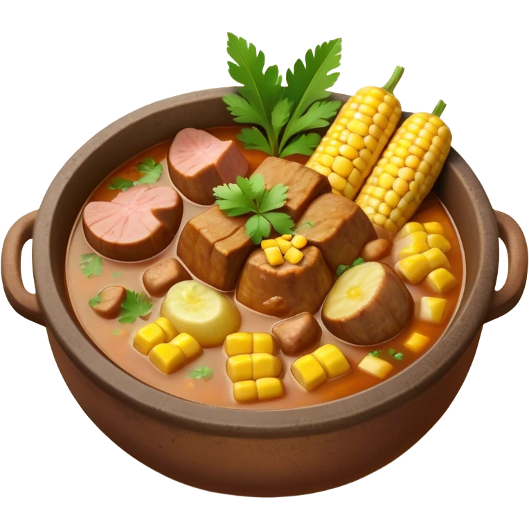Cinematic Realistic Sancocho Antioqueño Emoji, depicting a hearty Colombian stew brimming with tender cuts of meat, yuca, plantains, corn on the cob, and potatoes in a rich, flavorful broth. Served in a rustic clay bowl with fresh cilantro and lime on the side, rendered with warm, inviting textures and homely, comforting lighting. emoji
