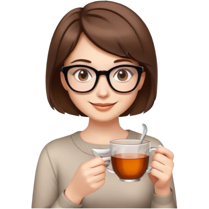 woman 55 years old white skin brown hair glasses short haircut smiling sweetly holding a cup of tea emoji