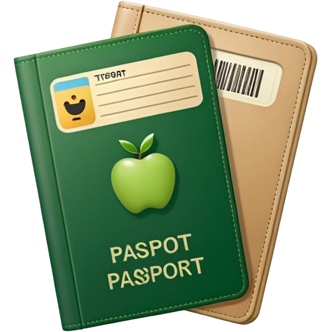 passport with protruding airline tickets, Apple emoji style, colors #173e12 and #c1a793, no text, simple shapes emoji