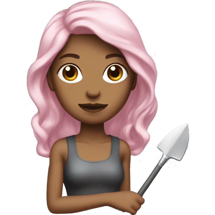 Woman holding Metall shovel skin light pink hair long brown wavy emoji