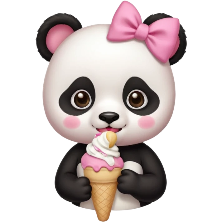 Cute chibi style girl Panda with eyelashes and big pink bow above ear eating and ice cream  emoji