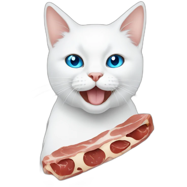white cat blue eyes eating meat emoji