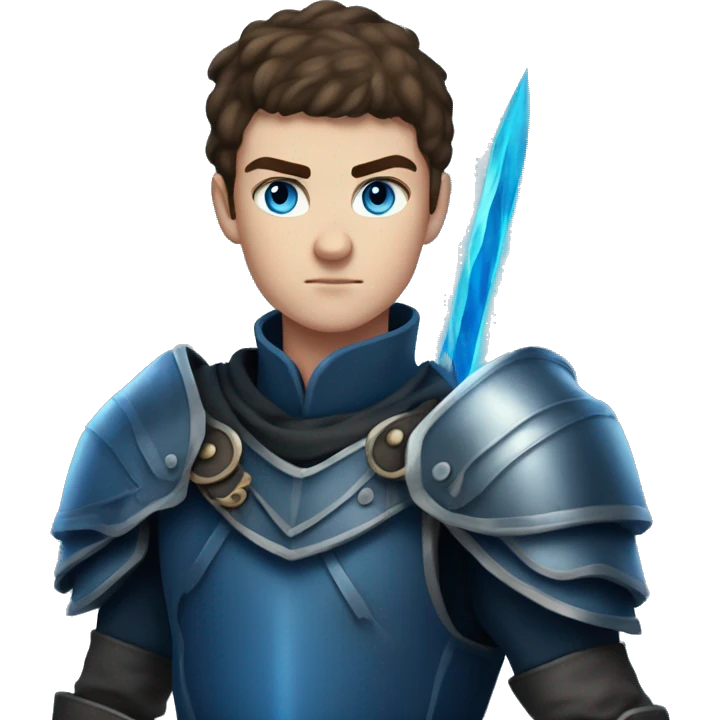 a 6'5" 19 years old Irish, teenage boy with slightly dark short hair. He wields a dark blue flaming sword, and wears a blue armor. He has blue eyes. He is very serious & strong  emoji